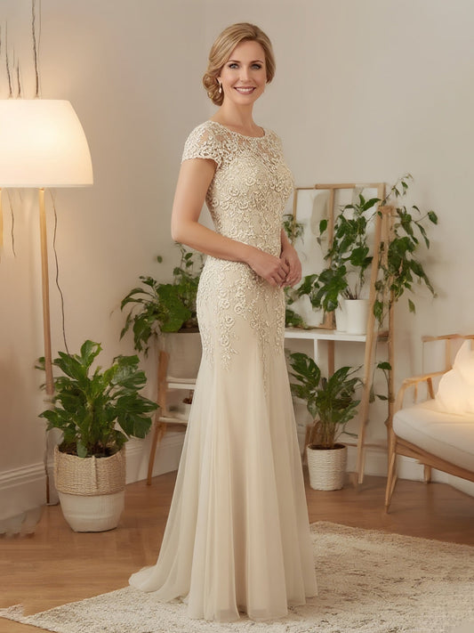 Elegant Champagne Mother of the Bride Dress - Lace Appqué Cap Sleeve, Mermaid Floor-Length Chiffon Gown