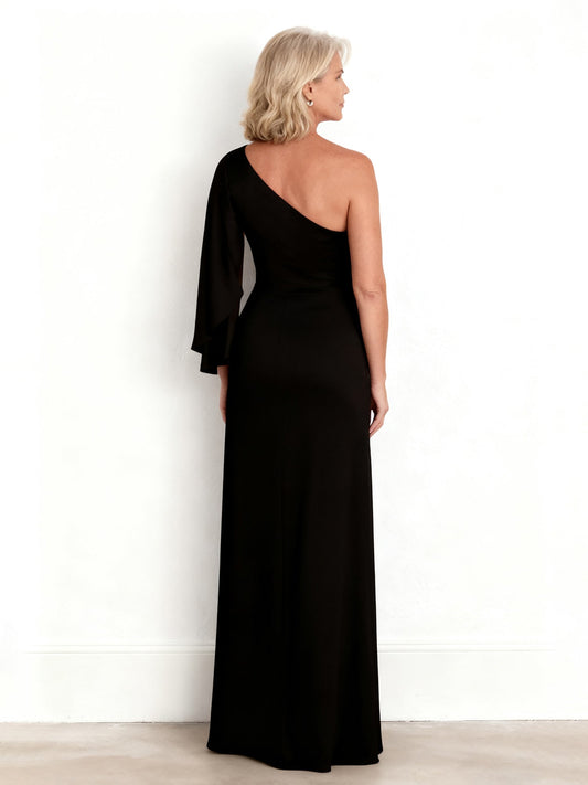 Elegant Black One-Shoulder Mother of the Bride Dress - Cape Sleeve, Sheath Floor-Length Formal Gown