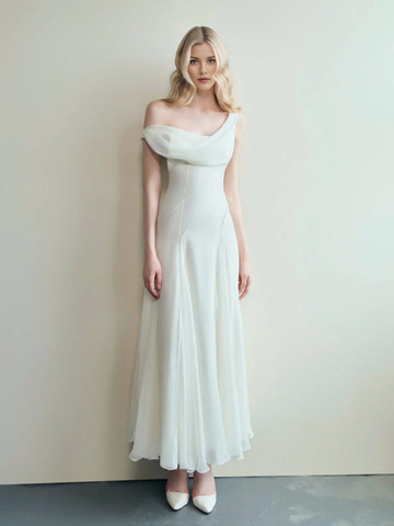 One Shoulder Draped Cowl Neck Chiffon Mermaid Maxi Wedding Dress