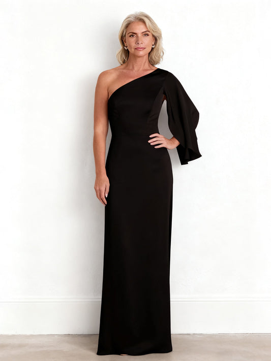 Elegant Black One-Shoulder Mother of the Bride Dress - Cape Sleeve, Sheath Floor-Length Formal Gown