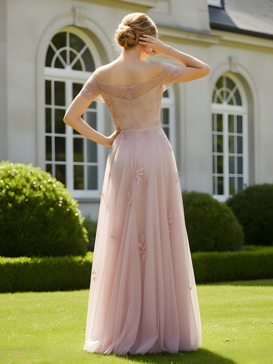 Elegant Dusty Pink Mother of the Bride Dress - Off-the-Shoulder Lace Appqué, Tulle Floor-Length Gown
