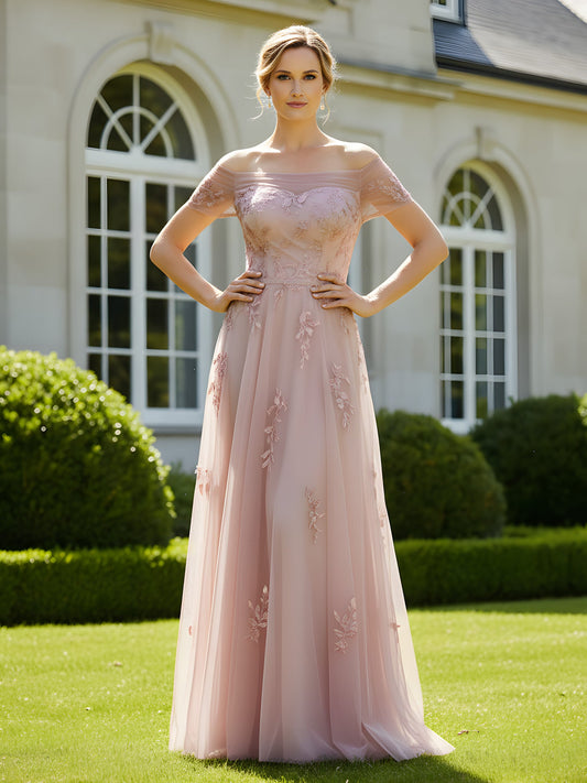 Elegant Dusty Pink Mother of the Bride Dress - Off-the-Shoulder Lace Appqué, Tulle Floor-Length Gown