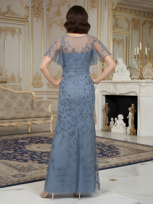 Elegant Dusty Blue Mother of the Bride Dress - Leaf Embroidery, Flutter Sleeve, Side Split Floor-Length Gown