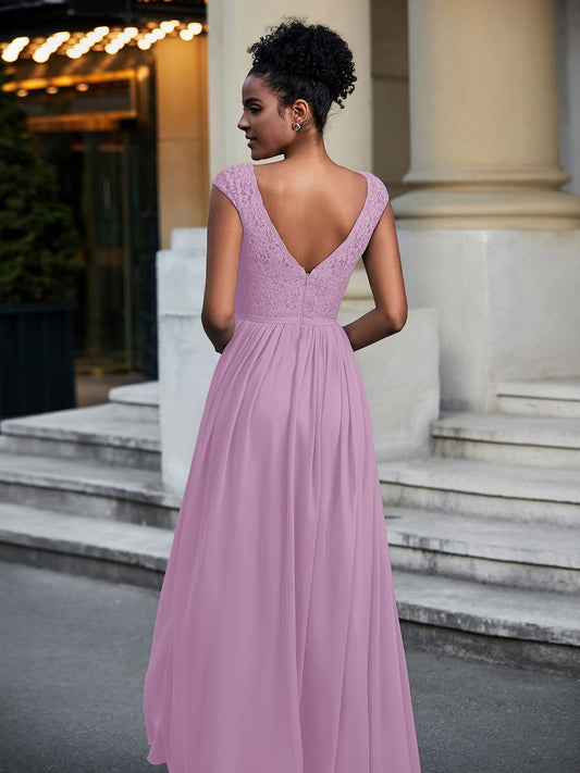 Elegant Dusty Lavender Bridesmaid Dress - Lace V-Neck Cap Sleeve, Flowy Chiffon Maxi Gown