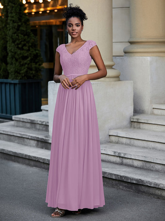 Elegant Dusty Lavender Bridesmaid Dress - Lace V-Neck Cap Sleeve, Flowy Chiffon Maxi Gown