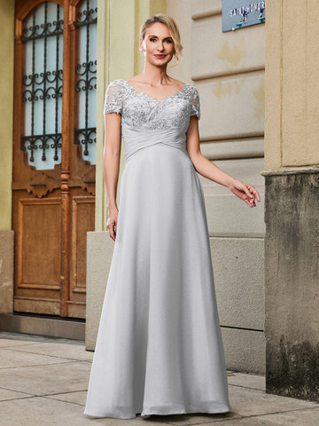 Silver Gray Lace Bodice Chiffon Evening Gown – V-Neck Short Sleeve Formal Dress for Weddings