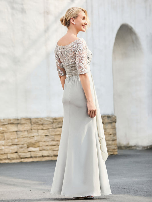 Elegant Silver Mother of the Bride Dress - Lace Appqué 3/4 Sleeve, Pleated Chiffon Floor-Length Gown
