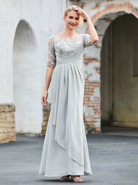 Elegant Silver Mother of the Bride Dress - Lace Appqué 3/4 Sleeve, Pleated Chiffon Floor-Length Gown