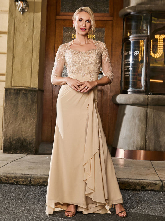 Elegant Champagne Mother of the Bride Dress - Lace Appqué 3/4 Sleeve Ruffle Side Chiffon Gown