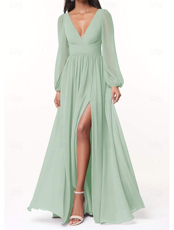 Vestidos de dama de honor/invitada de boda de gasa línea A/princesa con cuello pronunciado, manga larga y abertura