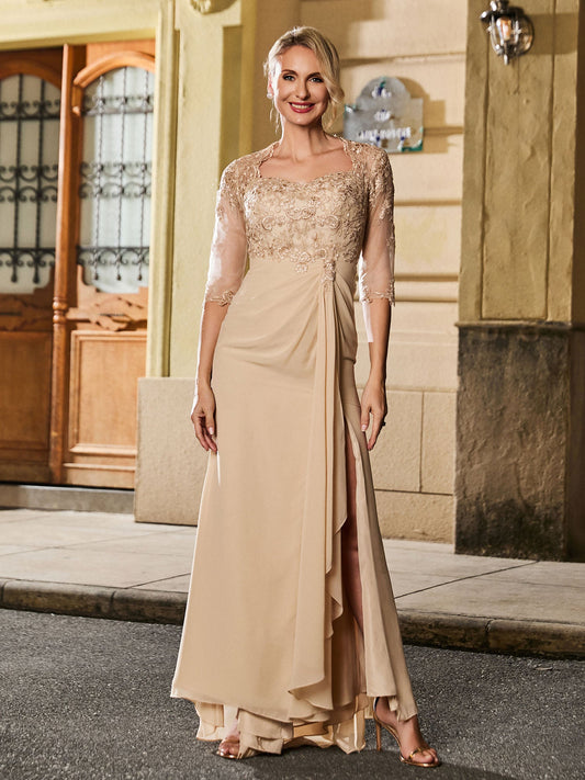 Elegant Champagne Mother of the Bride Dress - Lace Appqué 3/4 Sleeve Ruffle Side Chiffon Gown