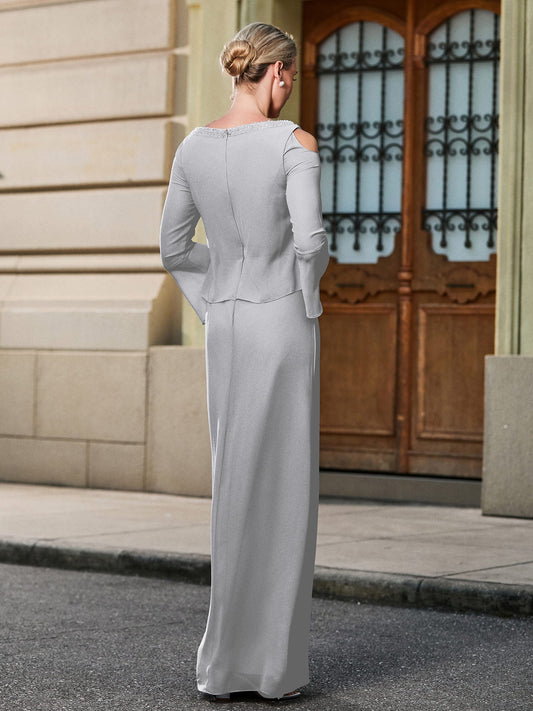 Elegant Silver Cold Shoulder Mother of the Bride Dress - Beaded V-Neck, Bell Sleeve, Side Split Floor-Length Gown