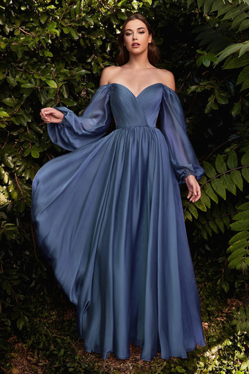 A-Line Skirt Formal Dress for Wedding Guest Chiffon Evening Gown Long Puff Sleeve V-Neck with Pleated Bodice and Flowy