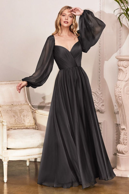 A-Line Skirt Formal Dress for Wedding Guest Chiffon Evening Gown Long Puff Sleeve V-Neck with Pleated Bodice and Flowy
