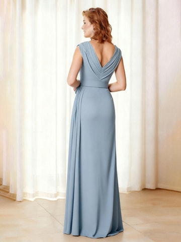 Elegant Dusty Blue Mother of the Bride Dress - Beaded V-Neck, Ruched Bodice, Side Split Floor-Length Gown