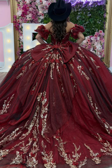 Vedress burgundy quinceanera dress lace‑up corset back large bow gold embroidery 3D floral court train ballgown back view