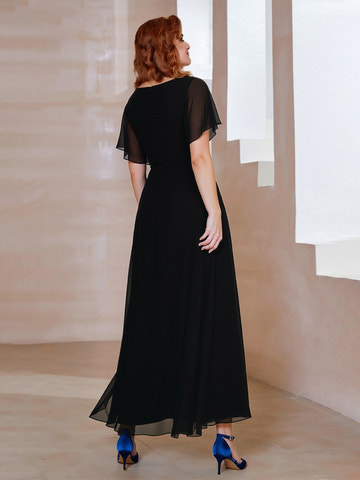Elegant Black Mother of the Bride Dress - Flutter Sleeve, Lace Embroidered Waist, Chiffon Maxi Gown