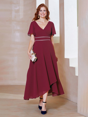 Elegant Burgundy Mother of the Bride Dress - Flutter Sleeve, Beaded Waist, Asymmetrical Hem Chiffon Gown