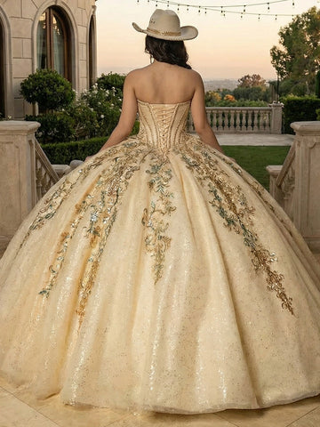 Vedress champagne glitter tulle quinceanera gown strapless design lace-up corset back heavy gold and green floral appliques full ball skirt back view