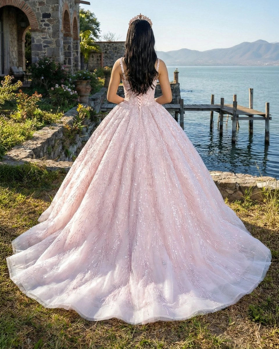 Vedress blush pink quinceañera dress lace-up corset back sequin tulle ballgown with train back view