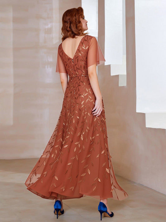 Elegant Terracotta Mother of the Bride Dress - Sequin Leaf Embroidery, Flutter Sleeve, High-Low Chiffon Gown