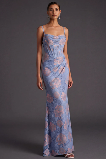 Spaghetti Strap Cowl Corset Lace Mermaid Maxi Dress with Crisscross Lace-Up Back