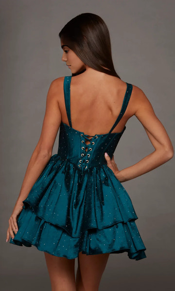 Glamorous Fit & Flare Wide Strap V-Neck Boned Corset Rhinestone Bow Layered Ruffled Homecoming Dress
