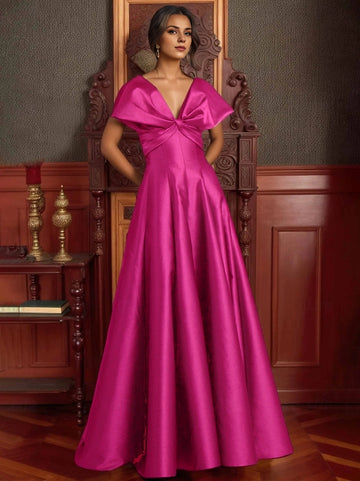Luxurious A-Line Deep V Cap Sleeve Zip Back Long Prom Dress