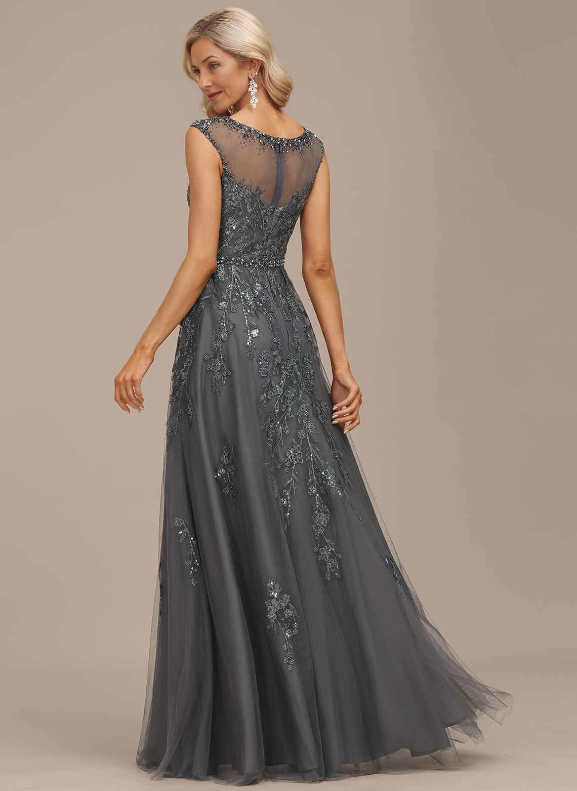 Vedress Illusion V‑Back Beaded Floral Long Formal Gown Back View