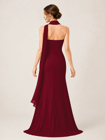 Strapless Ruched Chiffon Mermaid Bridesmaid Dress with Choker Scarf & High Slit