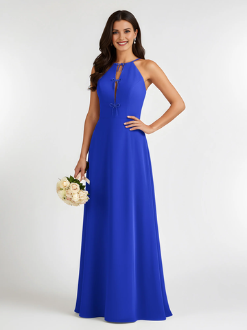 Halter Neck Chiffon Bridesmaid Dress with Bow Keyhole Detail