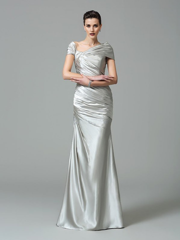 Asymmetric One-Shoulder Ruched Satin Mermaid Floor-Length Mother of the Bride Evening Gown