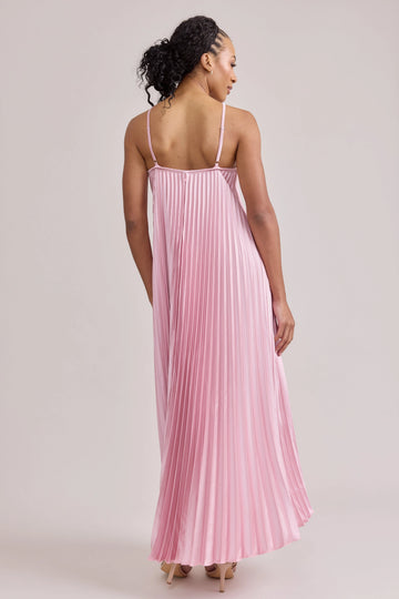 Pink A Line Halter Sleeveless Open Back Midi Bridesmaid Dress Vedress