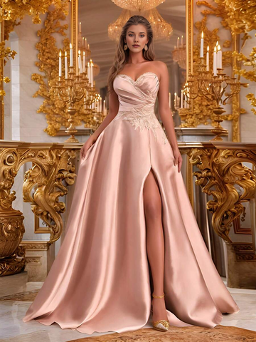 Strapless Sweetheart Neckline Satin Prom Dress - Lace Embellished A-Line Evening Gown with Side Slit