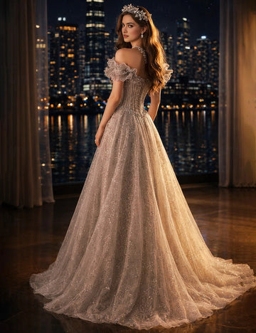 Vedress glitter tulle lace up back long prom dress train skirt back view night city background
