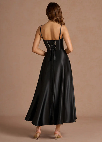 Elegant A-line Flare Square Sleeveless Satin Midi Wedding Guest Dress Corset Back Pockets Party Dress