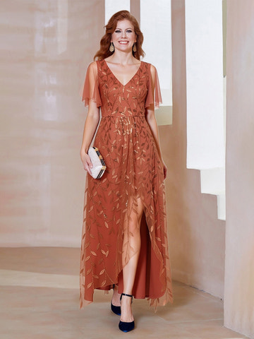 Elegant Terracotta Mother of the Bride Dress - Sequin Leaf Embroidery, Flutter Sleeve, High-Low Chiffon Gown