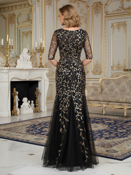 Elegant Black Gold Mother of the Bride Dress - Gold Leaf Embroidery, 3/4 Sleeve, Mermaid Floor-Length Gown