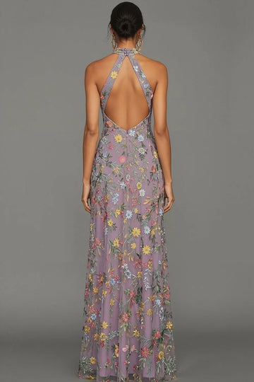 Lavender Floral Embroidered Halter Neck Maxi Dress with Keyhole & Slit