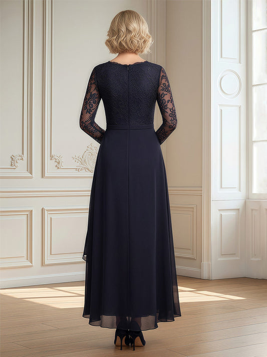 Elegant Dark Navy Mother of the Bride Dress - Lace Long Sleeve, Ruffle Chiffon, High-Low Maxi Gown