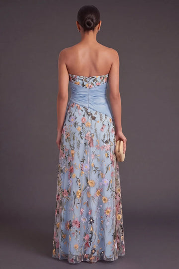 Strapless Sweetheart Floral Embroidery Tulle Gown with Asymmetrical Ruffle Wrap Waist & High Slit