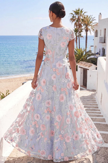 Short Sleeve V-Neck Floral Embroidery Tulle A-Line Floor Length Formal Evening Gown