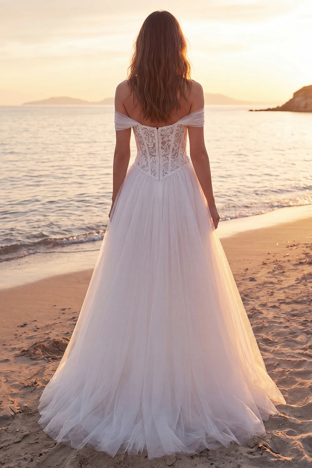 Vedress off shoulder zipper back lace corset wedding gown back view seaside sunset