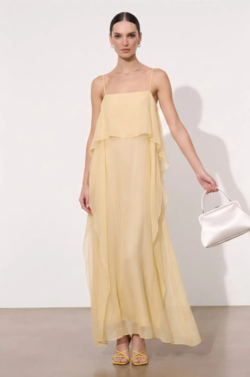 Thin Adjustable Spaghetti Strap Square Neck Ruffle Overlay Chiffon Maxi Dress Flowy Vacation Wedding Guest Long Gown