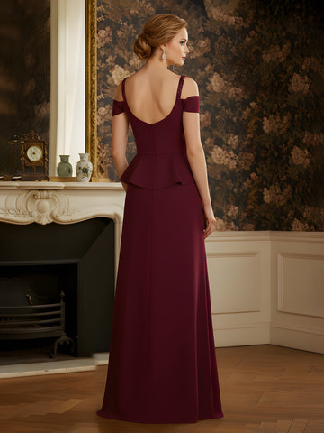 Elegant Burgundy Mother Of The Bride Dress - Cold Shoulder Design With Beaded Straps And Flattering Peplum Waist Floor-Length Gown For Formal Events