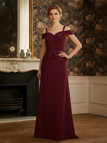 Elegant Burgundy Mother Of The Bride Dress - Cold Shoulder Design With Beaded Straps And Flattering Peplum Waist Floor-Length Gown For Formal Events