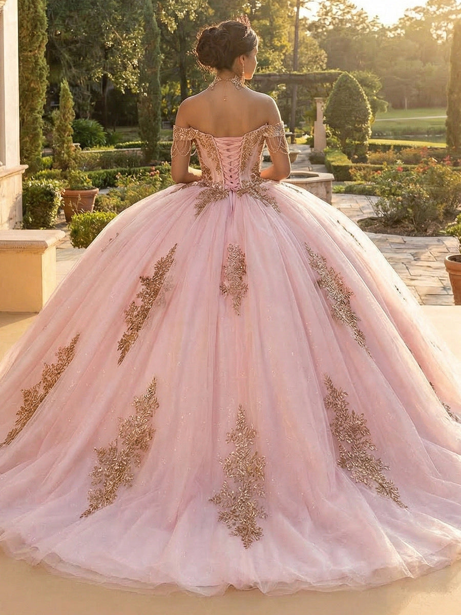 Vedress blush pink quinceanera dress off shoulder lace-up corset back gold leaf appliqué court train ballgown back view