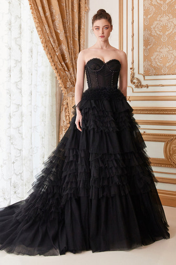 Romantic Ball Gown Sweetheart Strapless Tulle Tiered Ruffle Prom Gown