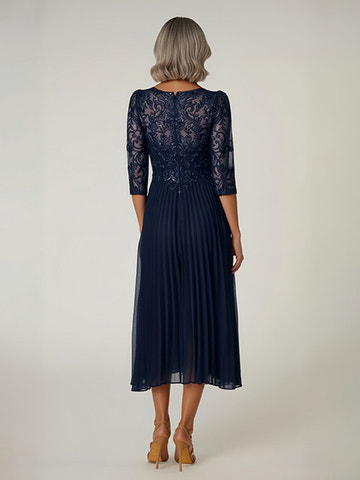 Elegant Navy Blue Lace Mother of the Bride Dress - 3/4 Sleeve Sequin Embroidery Pleated Chiffon Midi Gown