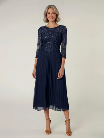 Elegant Navy Blue Lace Mother of the Bride Dress - 3/4 Sleeve Sequin Embroidery Pleated Chiffon Midi Gown